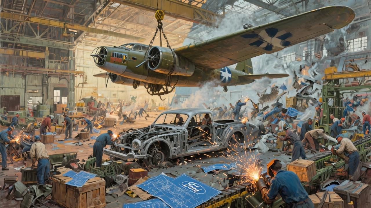 Hero image for From Plowshares to Swords - Track a automobile factory's conversion to bomber production